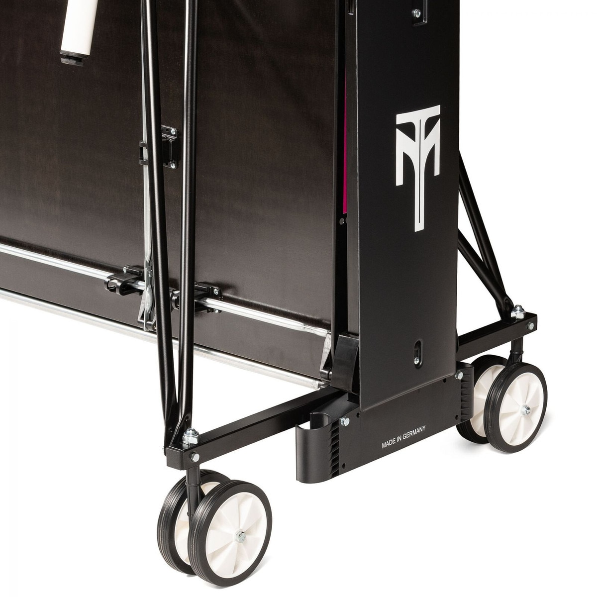 The Butterfly Timo Boll Repulse Indoor Ping Pong Table is show caster wheels in the storage position, along with the Timo Boll insignia.